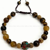 تصویر دستبند زنانه و مردانه سنگ چشم ببر با مهره تبتی - 8778 