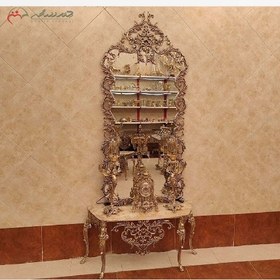 آینه شمعدان برنزی بدنه ی پرداخت کاری شده همراه ساعت رومیزی و شمعدان با ضمانت