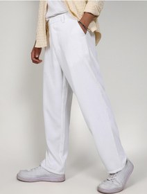 تصویر شلوار کتان ترکیبی سفید چاکدار مردانه برند campus sutra Men's Chalk White Tailored Linen-Blend Trousers