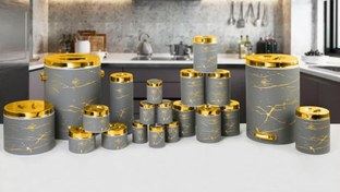 تصویر سرویس آشپزخانه 21 پارچه طرح سنگ دلفینی درب طلایی 