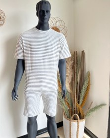 تصویر تیشرت و شلوارک مردانه ترک - راه راه کرم و سرمه ای / 