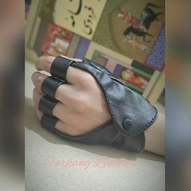 تصویر دستکش نیمه انگشتی مدل سما چرم طبیعی گوسفندی - سرمه ای 