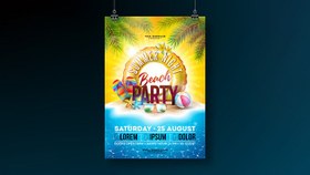 تصویر دانلود وکتور طرح بروشور مهمانی ساحلی در شب تابستان با برگهای نخل استوایی شناور vector summer night beach party flyer design with tropical palm leaves float 