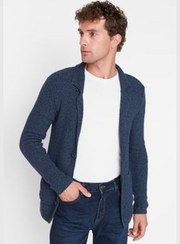 تصویر کاردیگان مردانه بافتنی جیب‌دار یقه‌دار، آبی تیره و فیت اسلیم برند trendyol Men's Navy Blue Slim Fit Jacket Collar Textured Pocket Knitwear Cardigan