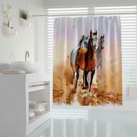 تصویر پرده حمام دلفین مدل Horses سایز 180x200 سانتی متر 