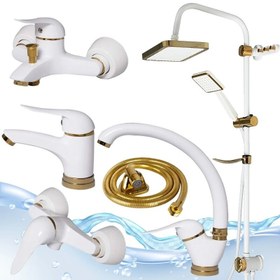 تصویر ست شیرآلات قهرمان مدل ۶ عددی سفید طلایی 