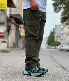 تصویر شلوار کارگو مردانه پارچه جین ترک رنگ سبز فرمی -فول کیفیت تضمینی Men's Cargo Pants Turkish Denim Green Color - Full Quality Guaranteed