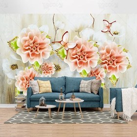 تصویر طرح کاغذ دیواری سه بعدی مدرن گل های صورتی شیک پشت تلویزیون 