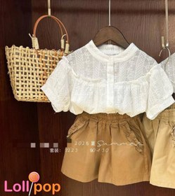 تصویر ست دخترانه شومیز نخی خامه‌دوزی و شورتک کتان سایز ۱۱۰ 