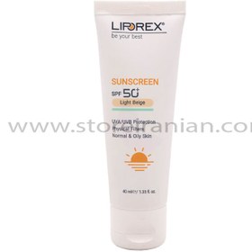 تصویر کرم ضد آفتاب بژ روشن پوست های معمولی و چرب لیپورکس SPF50 حجم 40 میلی لیتر Liporex Normal and Oily Skin Light Beige Sunscreen Cream SPF50 40ml