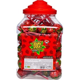 تصویر آبنبات چوبی توپی تک با طعم توت فرنگی با مغزی آدامس آدرین بسته 60 عددی Single-ball lollipop with strawberry flavor and Adrien gum filling, pack of 60