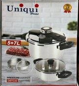 تصویر زودپز دوقلو استیل یونیکی هوم Uniqui Home مدل DSTC22 ظرفیت ۵ و ۷ لیتر همراه سبد بخارپز و درب شیشه‌ای 