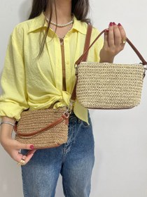 تصویر کیف رافیا دو بندی زنانه بژ-قهوه‌ای - کرم استخونی Raffia Bag Women Double-Strap Beige-Brown