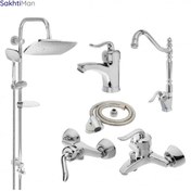 تصویر ست شیرآلات بهداشتی قاجاری همراه با علم دوش دوکاره رسوبگیر اتومات 