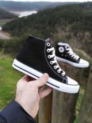 تصویر کفش دخترانه بچگانه مدل 6884 از جنس کتان رنگ مشکی و سفید 