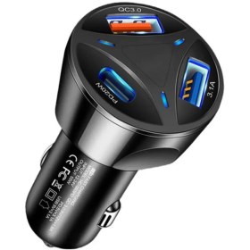 تصویر شارژر فندکی ۳ پورت ۵۵ وات فست شارژ QC3 با دو خروجی USB و یک خروجی PD 