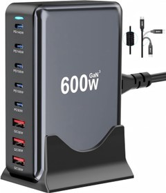تصویر شارژر دیواری 600 واتی سریع USB C GaNⅢ Pro، ایستگاه شارژ 8 پورت، ایستگاه شارژ سریع دوگانه 140 واتی PD3.1 PPS 600W Fast USB C GaN Ⅲ Pro Charger Block,8 Port Charging Station,Dual 140W PD3.1 PPS Fast Charging Station for Multiple Devices Laptop Wall Charger Compatible with MacBook/iPhone 16/iPad etc
