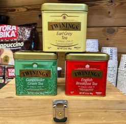 تصویر چای تویینگز فلزی در ۳طعم.چای صبحانه .چای سبز.چای عطری100گرمی TWININGS