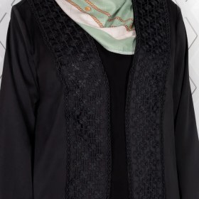 تصویر مانتو زنانه مدل دریا | کرپ جولیا با ترکیب یراق کار شده، آستین مچ‌دار و جلو باز– سایز بندی، قد ۱۴۰ سانت – مشکی - سایز ۳۸ کد ۱۴۰۴۱۰