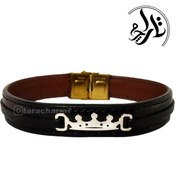 تصویر دستبند نقره + چرم طبیعی (طرح تاج) 