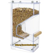 تصویر دانخوری مکانیزه طوطی‌سانان و پرندگان زینتی | بدون ریزش، کم‌مصرف، شفاف و مقاوم 