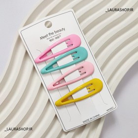 تصویر گیره سر مدل تق تقی براق سایز متوسط کارت 4 عددی زنانه و دخترانه Medium-sized, glossy, 4-piece card head clip for women and girls