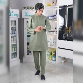 تصویر مانتو شلوار دکمه فلزی سبز پسته ای 