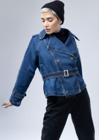 تصویر کت جین یقه انگلیسی آبی تیره Dark blue English collar denim jacket