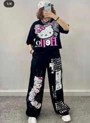 تصویر ست کراپ شلوار دخترانه مشکی طرح گربه ای - فیری ( مناسب 38 تا 44) Crop set of black pants for girls with cat design