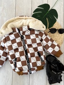 تصویر کاپشن چارخونه سفید قهوه ای 