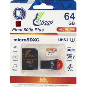 تصویر رم میکرو ۶۴ گیگ ویکومن Vicco Final All In One U3 A1 90MB/s + رم ریدر viccoman 600x plus all in one 64gb uhs-i u3 up to 90 mb/s