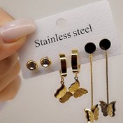 تصویر گوشواره زنانه سه‌جفتی استیل طلایی و نقره‌ای با طراحی پروانه 