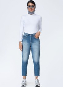 تصویر شلوار جین مام استایل آبی وسط برفکی 6001041 Mid Blue Washed Mom Style Royal Jeans