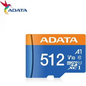 تصویر کارت حافظه میکرو اس دی ای دیتا استاندارد U1 ظرفیت 512 گیگابایت به همراه آداپتور ADATA A1 U1 C10 V10 100MB/s Memory Card With Adapter