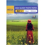 تصویر کاغذ گلاسه A4 مگا مخصوص پرینتر جوهر افشان 135 گرم Mega Glossy Photo 100 papers 135g