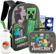 تصویر کوله پشتی و جعبه ناهار Minecraft برای کودکان - بسته لوازم مدرسه Minecraft با کوله پشتی Minecraft، کیف ناهار، کیسه آب، عکس برگردان و موارد دیگر، مشکی و سبز 