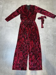 تصویر بادی و شلوار کمر بند دار طرح اورال پلنگی مخمل کره ای - قرمز / 38تا46 