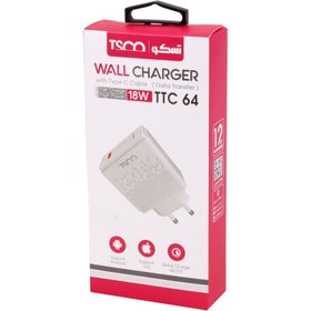 تصویر شارژر دیواری فست شارژ TSCO TTC 64 QC3 PD 3A 18W + کابل تایپ سی TSCO TTC 64 QC3 PD 3A 18W Travel Adapter With Type-C Cable