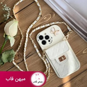 تصویر قاب موبایل سامسونگ بند زنجیری بلند بالشتی پروانه ای جاکارتی دار 