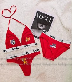 تصویر ست کاپلی زنانه و مردانه سه تیکه نخی طرح تام و جری 