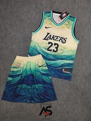 تصویر لباس بسکتبالی لیکرز 2025 رنگ سبزآبی 