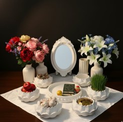 تصویر هفت سین لوتوس سفید صدفی سنگ مصنوعی براق | دست ساز تولیدی کرج لند 