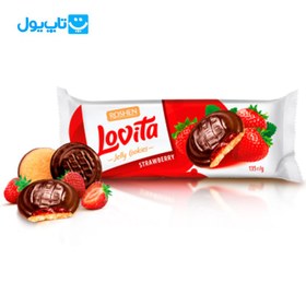 تصویر کوکی ژله ای لاویتا روشن با طعم توت فرنگی و روکش شکلات 135 گرم ا Lovita Roshen jelly cookie with strawberry flavor and chocolate cover 135gr Lovita Roshen jelly cookie with strawberry flavor and chocolate cover 135gr