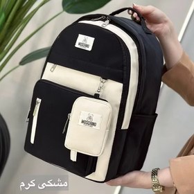 تصویر کوله پشتی دوتیکه مشکی کرم جنس نانسی سایز بزرگ‌وجادار 