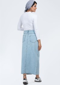 تصویر دامن جین آبی روشن بلند 70025 Long light blue denim skirt