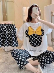 تصویر ست راحتی سه تیکه زنانه طرح موس مشکی ladies 3pcs set home clothing