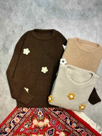 تصویر بلوز بافت دخترانه و زنانه گل دار | فری سایز | مناسب فصل سرد | استایل روزمره شیک - خاکی 