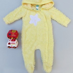 تصویر لباس سرهمی نوزاد تدی خزدار بره ای کلاه دار لیمویی ستاره برند آکرمانز Baby warm jumpsuits 