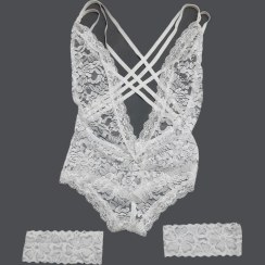 تصویر بادی فانتزی زنانه مدل پشت ضربدری همراه با حلقه پا از جنس گیپوری کد M302 Women's lingerie