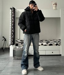 تصویر کاپشن باکسی مردانه پارچه سیلیکونی ضدآب – سه طرح مشکی با سایزبندی( L تا 2XL) Men’s Boxy Silicone-Fabric Puffer Jacket – 3 Black Designs (L–2XL)